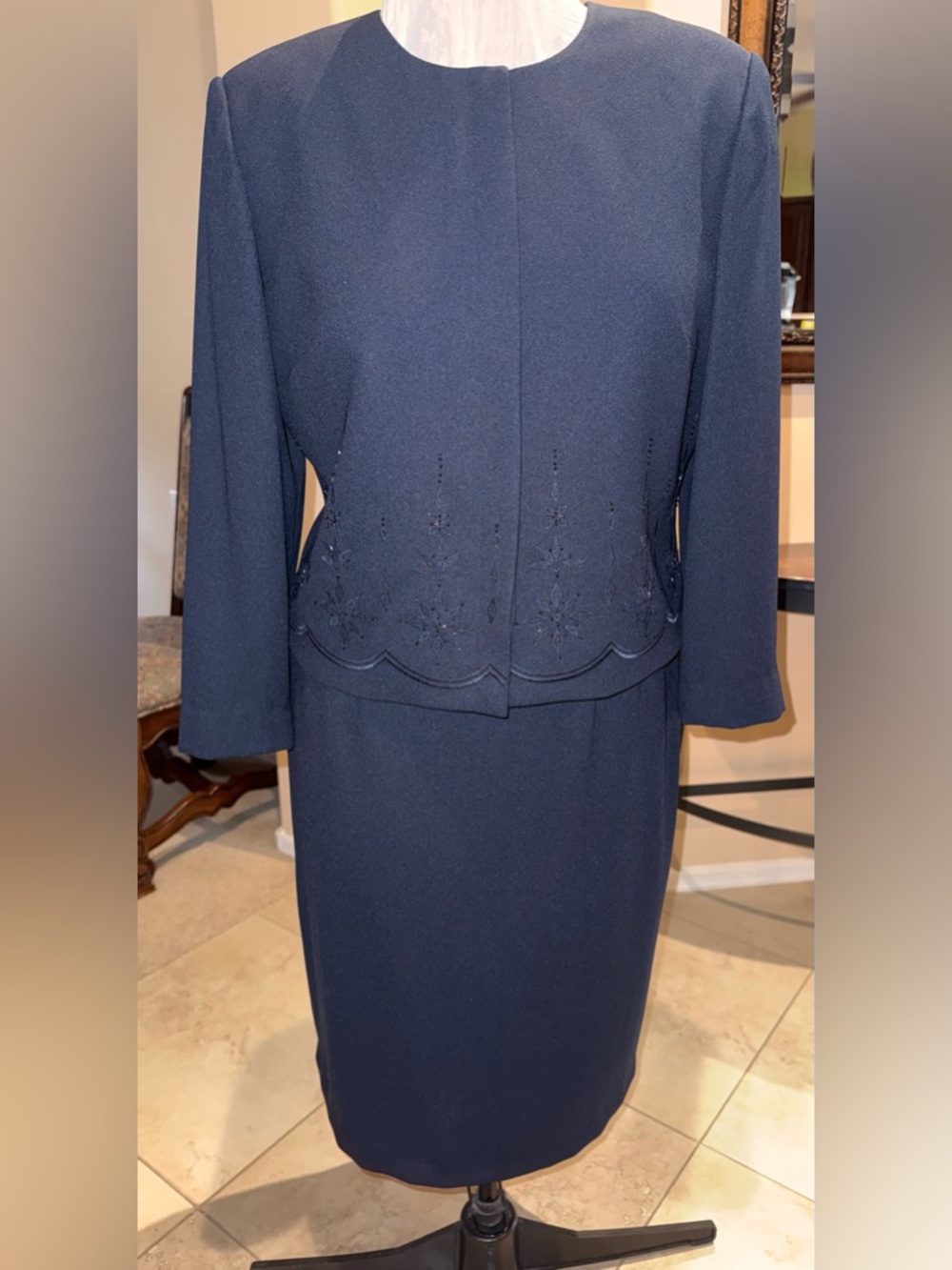 Adrianna Papell Classic Navy 2pc Suit with Embroidery & iridescent blue beading.